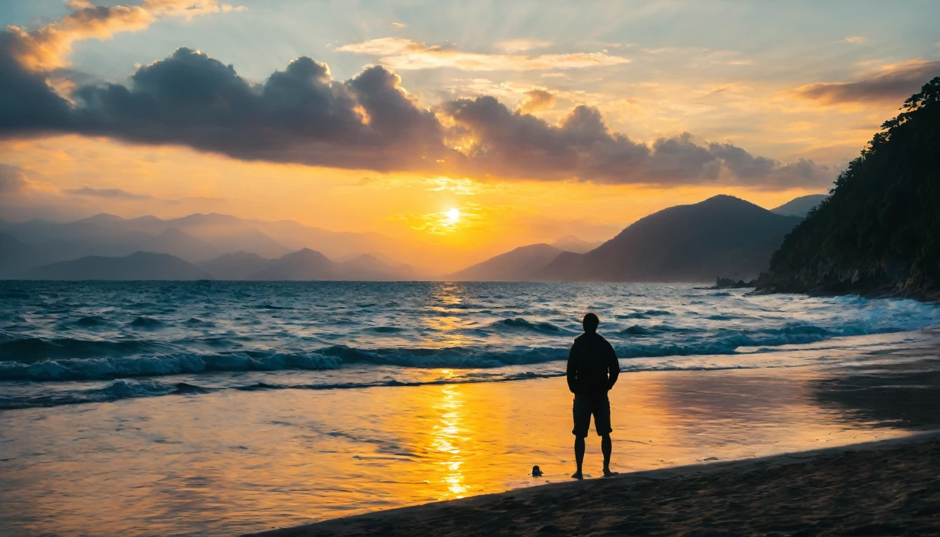 "Back view of a young man standing alone on a beach at sunset, low mountain faintly visible in the distance across the water"