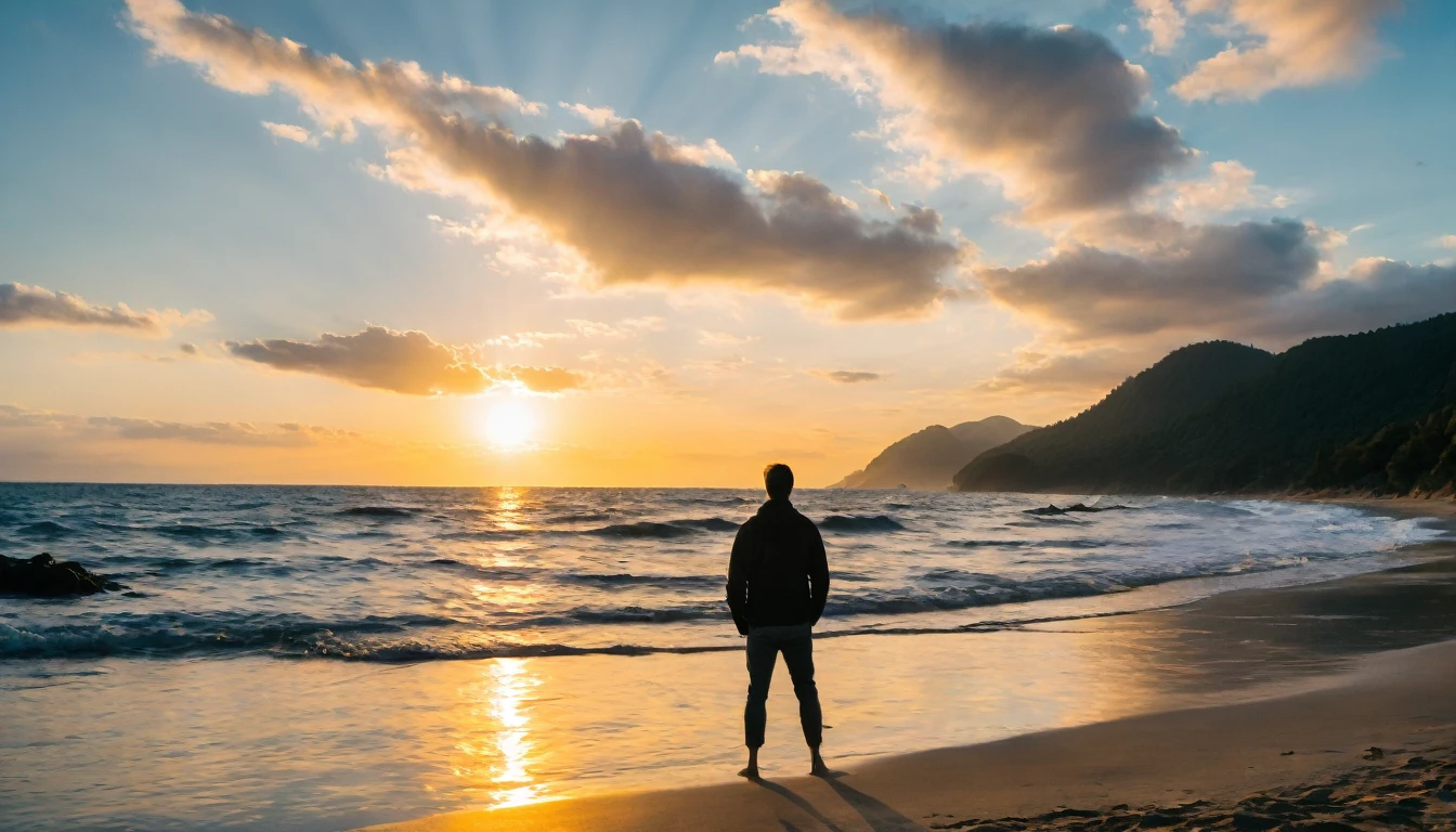 "Back view of a young man standing alone on a beach at sunset, low mountain faintly visible in the distance across the water"