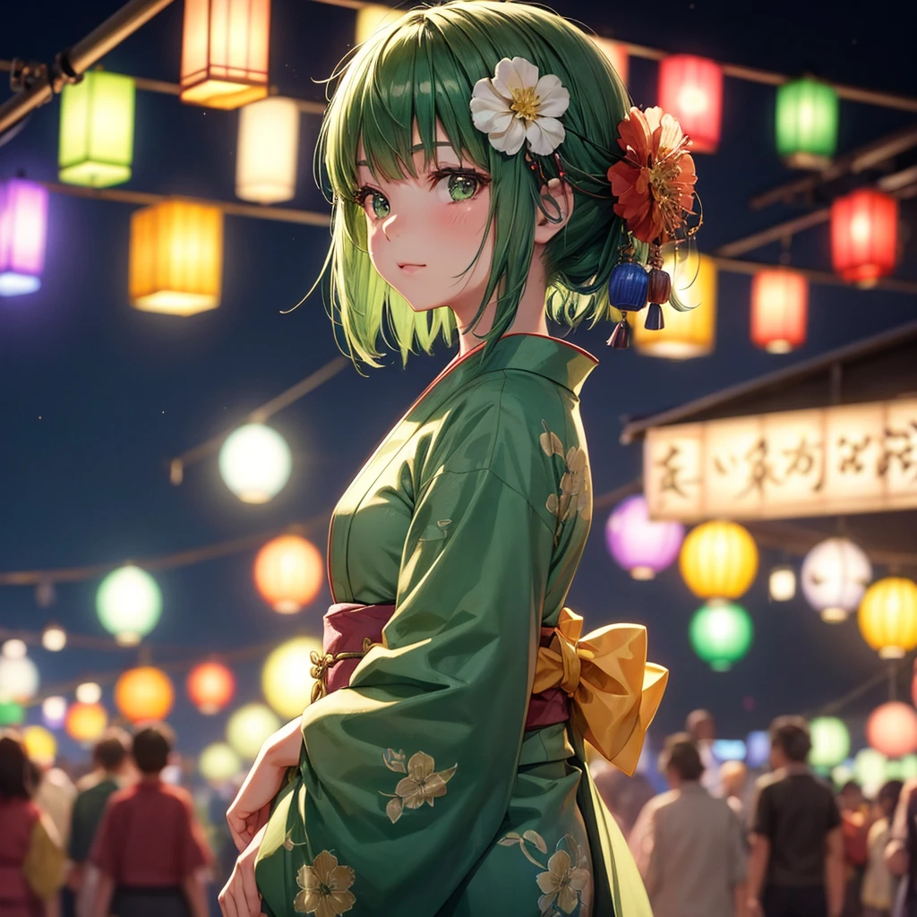 a girl with short hair, green hair, a flower in her hair, dressed in yukata, night Japanese festival background, festival lights, cinematic lighting, high definition.