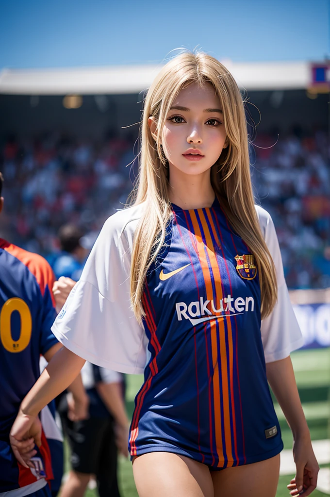 {{{FCBarcelona}}}, {{nike soccer jerseys}}, {{{best quality}}}, {{{realistic}}}, {{{Detailed facial description}}}, realistic 눈동자, blonde long hair, {{beautiful western beauty}}, female, realistic 유니폼 주름, {{{Barcelona}}, {{{soccer stadium}}}, Sponsor&#39;s name is Rakuten, {{{busty}}}, {{{uniform is wet}}}, {{{Nipples are shining}}}, {{{sexy pose}}}, The whole body is visible, angle looking from top to bottom