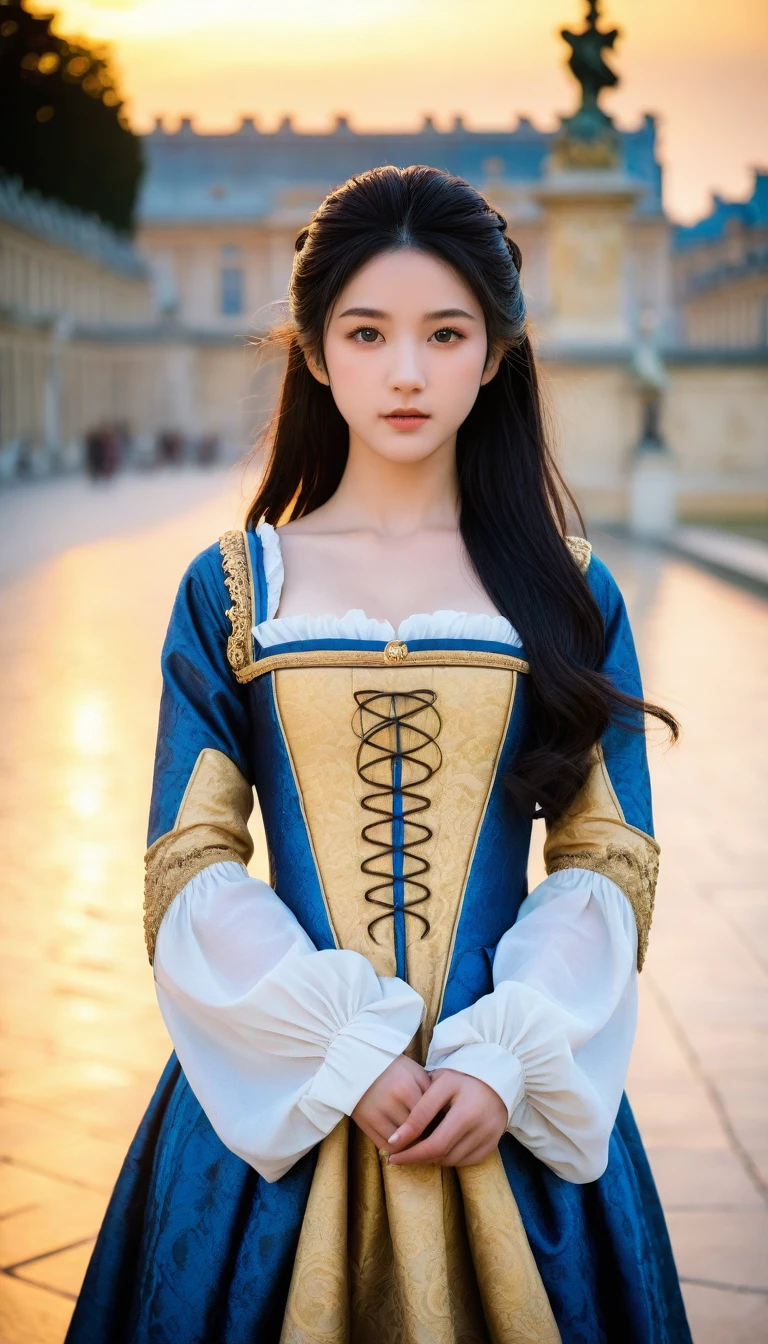 8k, Ultra-high resolution, Highest quality, masterpiece, 三分割法によるphotograph,Surreal, photograph, 1 Girl, (16 years old:1.3), pretty girl, Cute Face, Beautiful eyes in every detail, 細かくdetailedに,masterpiece,One Girl:1.2, Japan Female Announcer,upper body,disgust,Long black hair,Pulled back hair,(Dressed in medieval European clothing:1.3),(印象派の美しい少女のPortraiture), (Standing in the square of the Palace of Versailles:1.3), (After the Rain), (Sunset reflection), (Impressionist light and colour),Realistic Skin, Perfect and beautiful face ,完璧でCute Face, Skin with attention to detail, Perfect limbs、Narrow waist,Looking at the audience、beauty,Long neck,clavicle,(((Ideal body type))),A cup small breasts :2,Portraiture:2,Perfect Anatomy,鮮明なdetailed,detailed,Surreal,Light and shadow,darkness