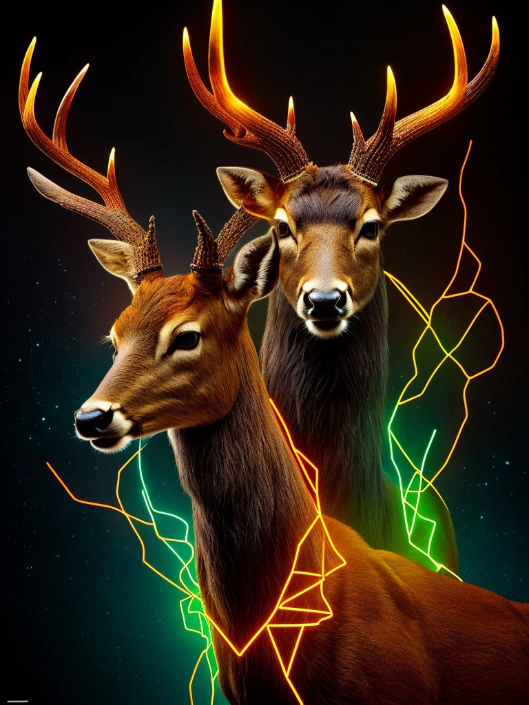 a close up of a deer with a glowing antelope on its head, with glowing runes on the body, by Adam Marczyński, digital art animal photo, an anthropomorphic deer, anthropomorphic deer, scientific depiction, cover shot, by Aleksander Kobzdej, by Anna Füssli, by david rubín