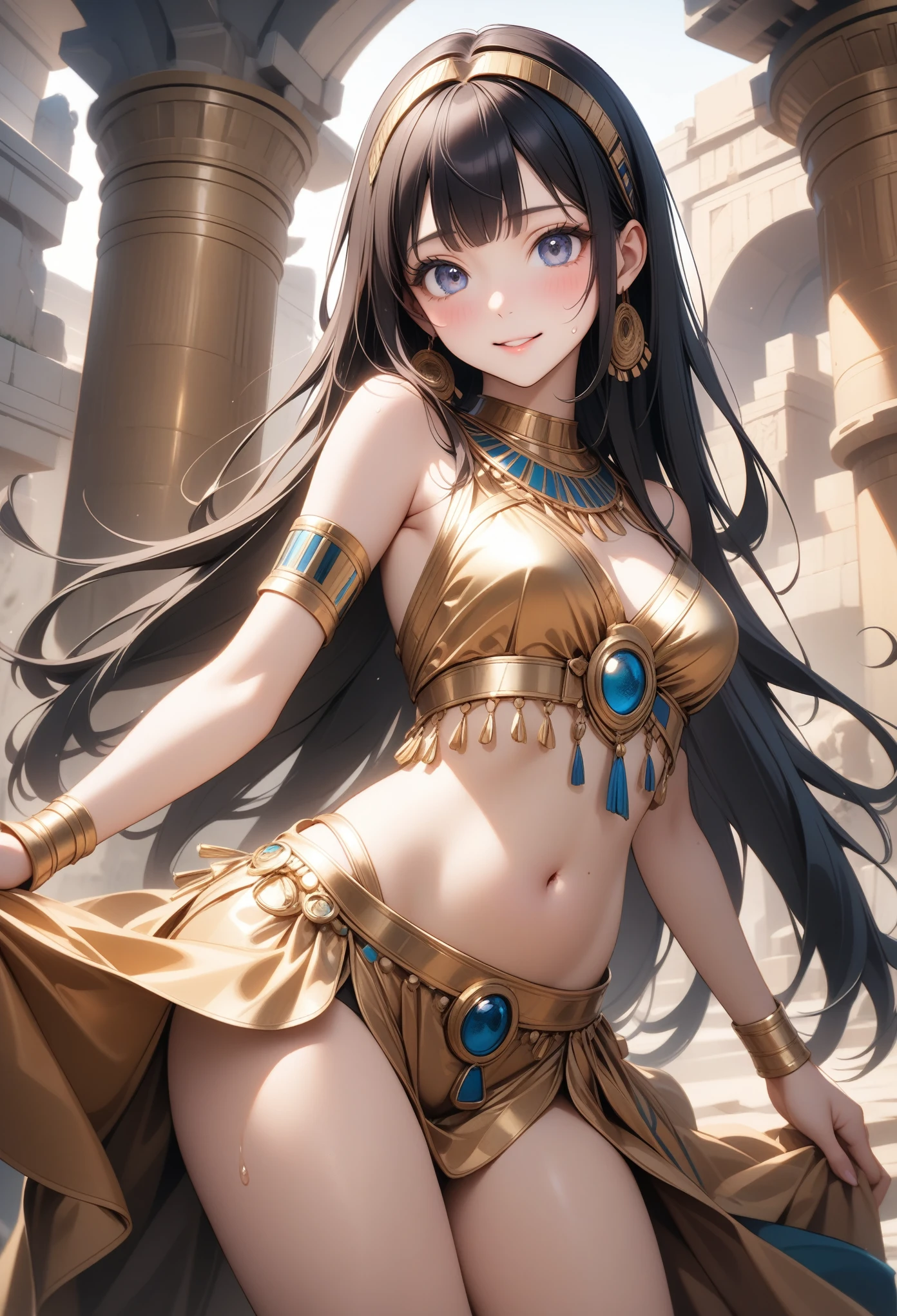 ((Belly Dance Costumes)), ((Gloss Outfit)), skinny, solo, 1 woman, Masterpiece, highest quality, highest quality, 16K, incredibly absurd, highly detailed, 2.5D, ai-generated, delicate and dynamic, very delicate facial expressions, delicate eye depiction, erotic, only sexy woman, ((A cute and kind face)), healthy figure, ((25-year-old woman)), 160cm tall, medium firm swaying bust, blush, Sweat,Embarrassed,sexy, ((thin thighs)), ((shiny and lustrous)), facing straight at viewer, smile,cleopatra, ancient Greeks, (portrait), (beautiful detailed background), detailed landscape, dutch angle, sexy, Shiny costumes, sexy pose, skindentation, Ancient Egyptian atmosphere, (visible nipples:0.5), (Erect nipples,:0.5), Dynamic poses,