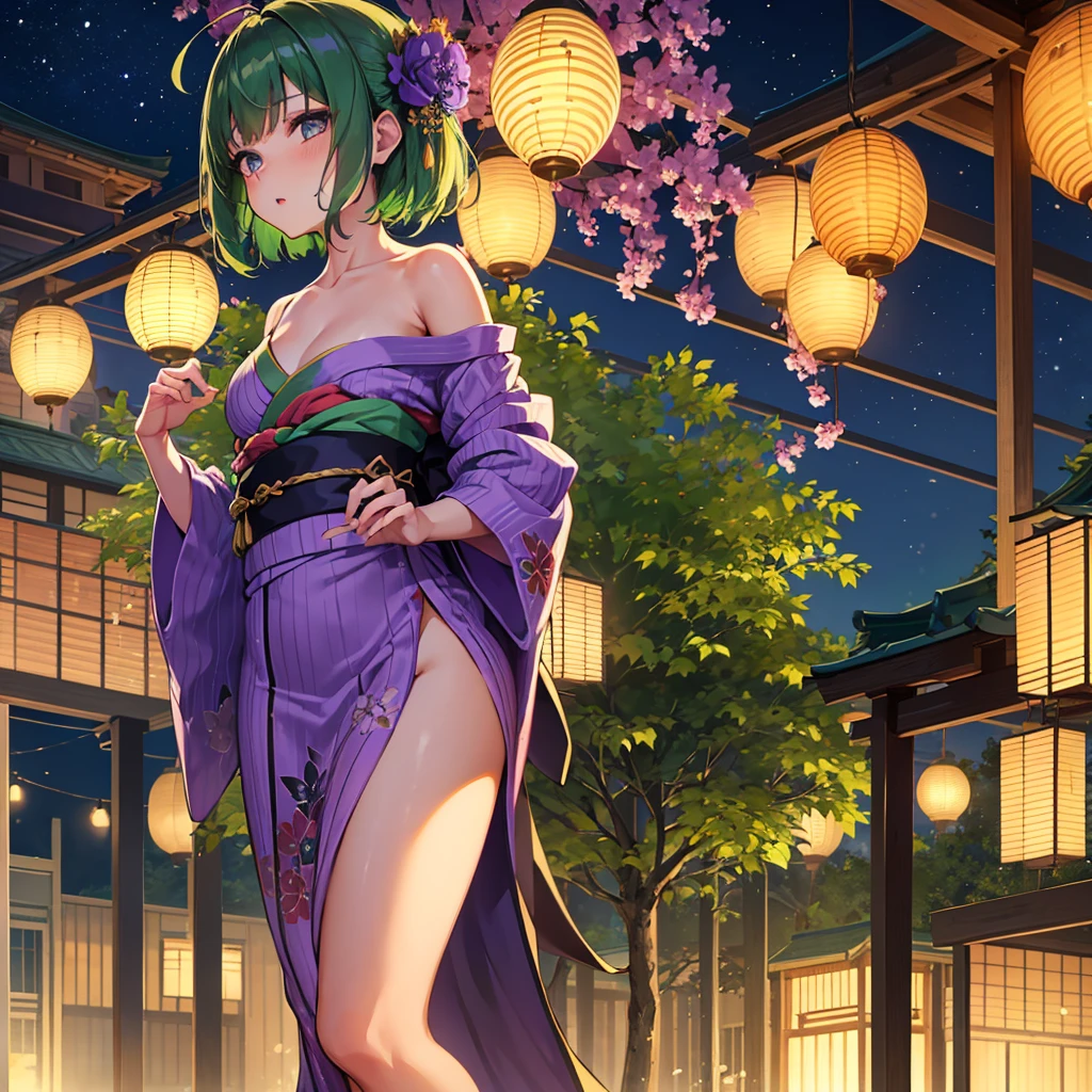 highest quality at best,4K,8k,High resolution,masterpiece:1.2),Very detailed,(Actual,Realistic),Bright colors,美しく繊細なPurple eyes,A delicate smile,Blushing,red kimono、Japanese pattern kimono、highest quality,A kind and beautiful woman,Thin neck,delicate and sexy body,Cute Smile,double eyelid,Rosy lips,Small Nose,short hair、Leg spread,Big Breasts,Be confident,Grace,attractive,Feel the excitement、Big Ass、Huge breasts、Beautiful leg lines、The gaze is directed towards the viewer、Red Light District、Brothel、two big horns、Sensual body、Saggy breasts、Nipples、Green Hair、Purple eyes、front、forward、elation、Sensual look、Seductive pose、very Big Breasts、Huge breasts、whole body、front、Gorgeous kimono、Twelve haori、Kimono、Platform jam、Oiran、Leg spread、