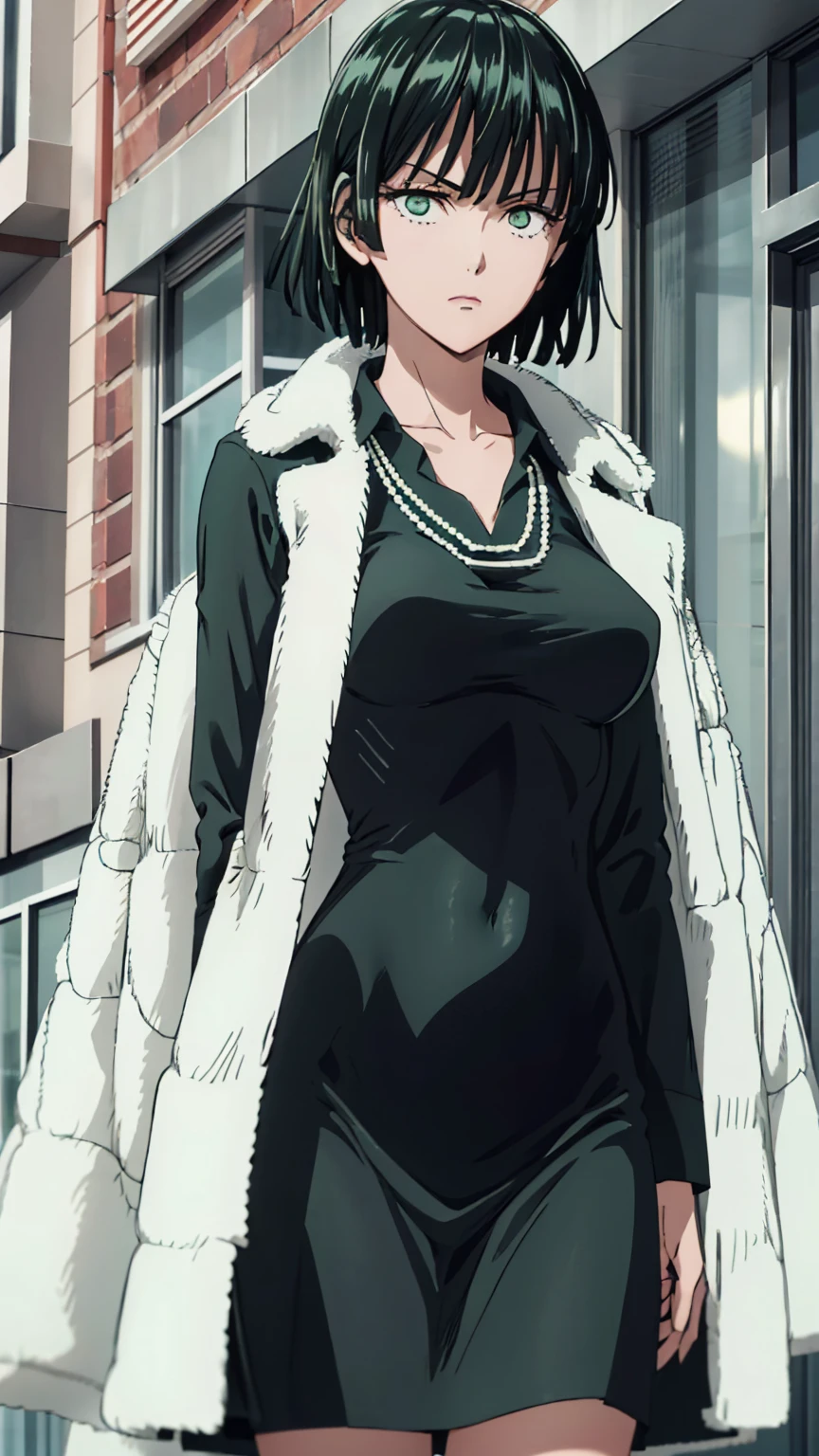 (((pixel-perfect, detail-perfect))), solo, 1girl, fubuki, fur coat, collared dress, collarbone, necklace, looking at viewer, closed mouth