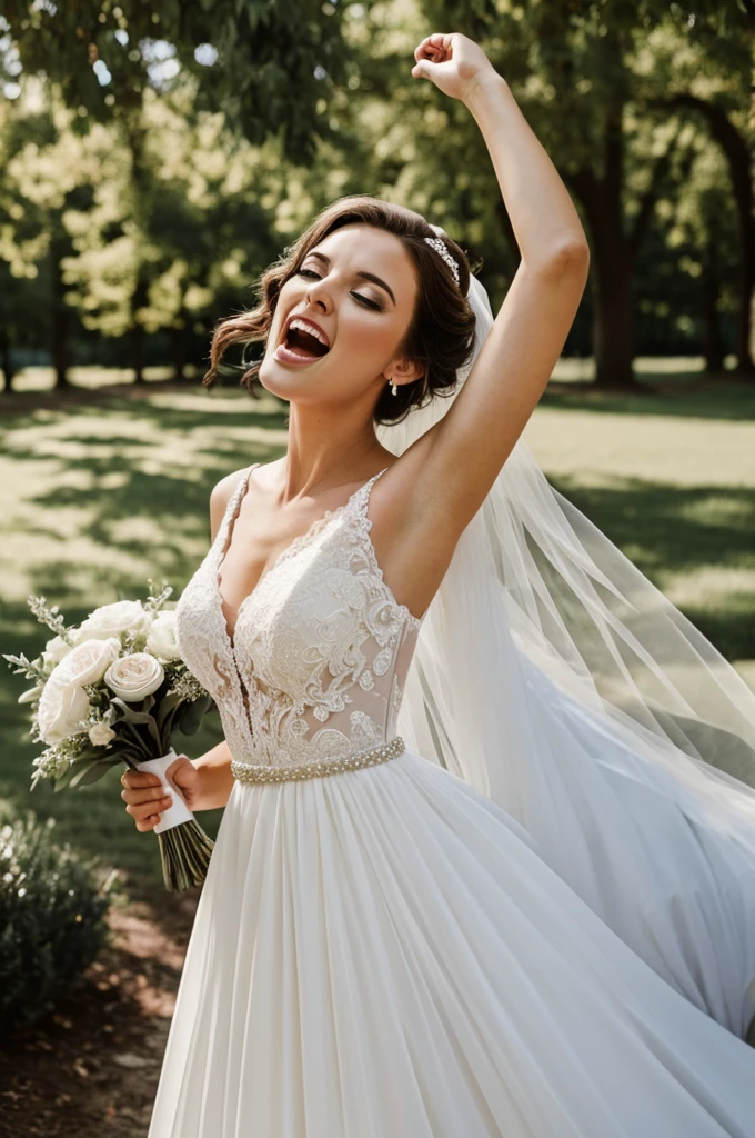 Beautiful American model in a wedding dress screams with her mouth open and holding her head