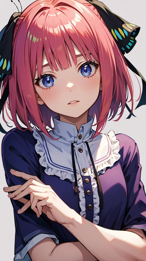 nino nakano, short hair, bangs, blue eyes, hair ornament, hair ribbon, pink hair, blunt bangs, two side up, butterfly hair ornament,