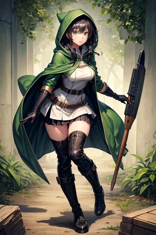 black hair girl, with green eyes wearing a heroine outfit with a hood and long stockings, military boots and gloves, one green and one black