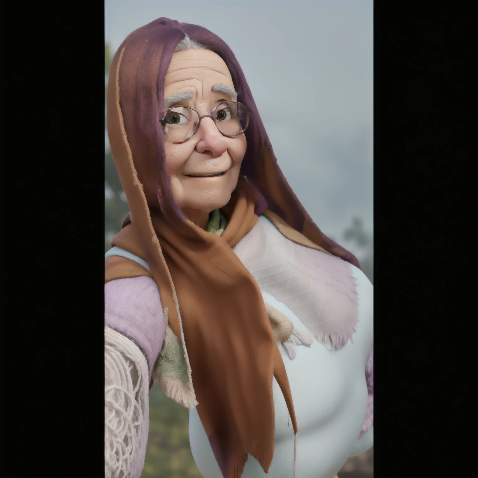 masterpiece, best quality, an old woman with glasses and a scarf on, wearing a purple coat and green scarf, standing at the park