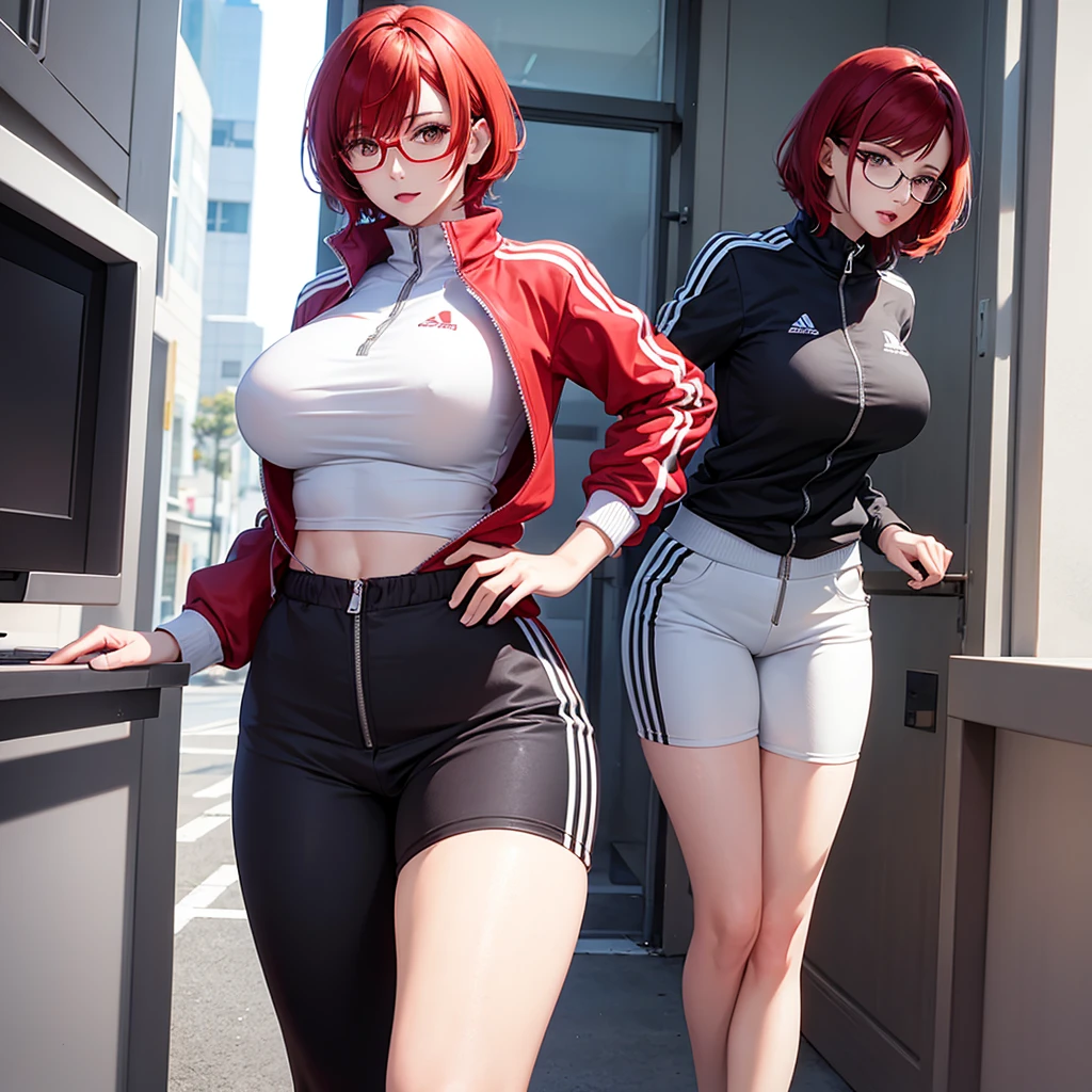 woman with short red hair, white eyes, glasses, tall body, big breasts, wearing a tracksuits, in the school