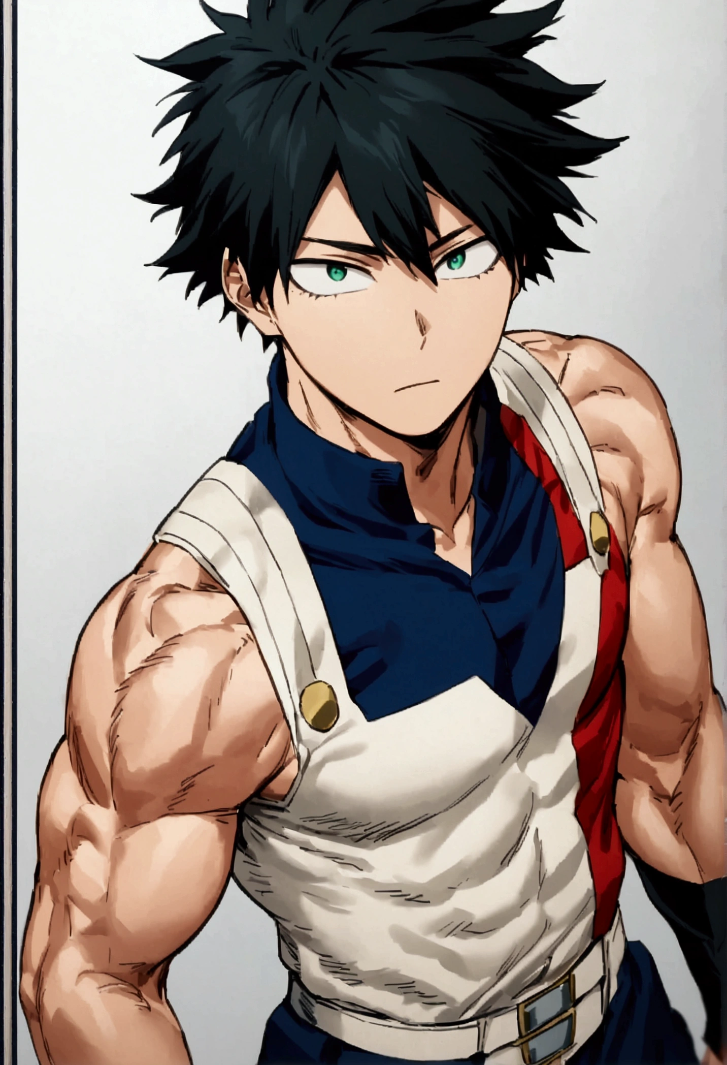 He is a 17 year old teenager, He has slightly disheveled very black hair..., somewhat light green eyes, (all angles photo ), muscular body , He is dressed the anime uniform "my hero academia"