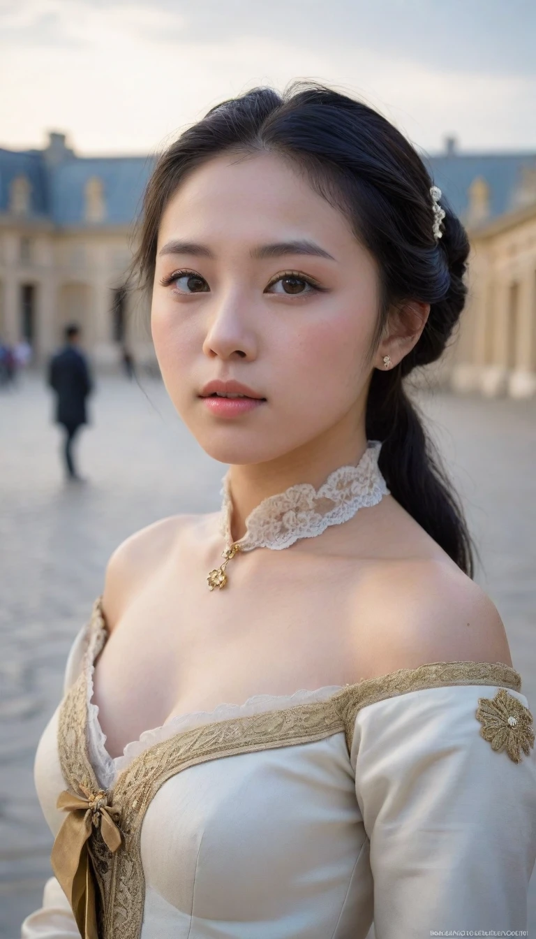 8k, Ultra-high resolution, Highest quality, masterpiece, 三分割法によるphotograph,Surreal, photograph, 1 Girl, (:1.3), pretty girl, Cute Face, Beautiful eyes in every detail, 細かくdetailedに,masterpiece,One Girl:1.2, Japan Female Announcer,upper body,disgust,Long black hair,Pulled back hair,(Dressed in medieval European clothing:1.3),(印象派の美しい少女のPortraiture), (Standing in the square of the Palace of Versailles:1.3), (After the Rain), (Sunset reflection), (Impressionist light and colour),Realistic Skin, Perfect and beautiful face ,完璧でCute Face, Skin with attention to detail, Perfect limbs、Narrow waist,Looking at the audience、beauty,Long neck,clavicle,(((Ideal body type))),A cup small breasts :2,Portraiture:2,Perfect Anatomy,鮮明なdetailed,detailed,Surreal,Light and shadow,darkness