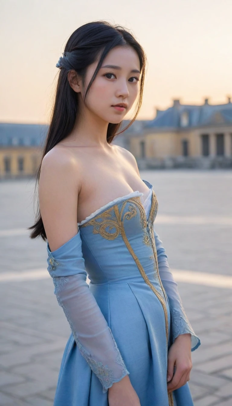 (ultra-realistic realism)、(illustratio)、(A high resolution)、(8K)、(Best Illustration)、(Beautifully detailed eyes)、(top-quality)、(ultra - detailed)、(masterpiece)、(the wallpaper)、(A detailed face)、solo、looking at viewert、A detailed face、pureerosfaceace_V1、A smile、 long hair、46-point diagonal bangs、((Green lace dress))、((Beautiful woman standing on the balcony of the castle)), topless, expose nipples