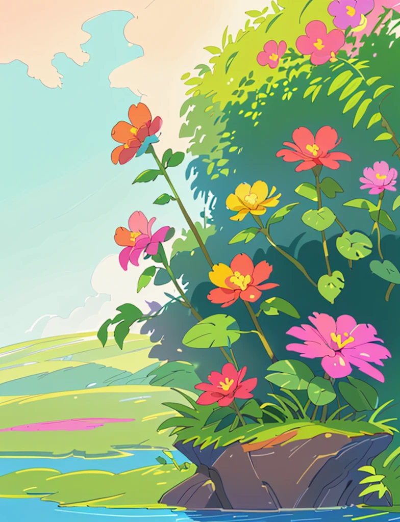 colorful tranquil landscape with plants and nature with colorful flowers beautiful sky and lots of details