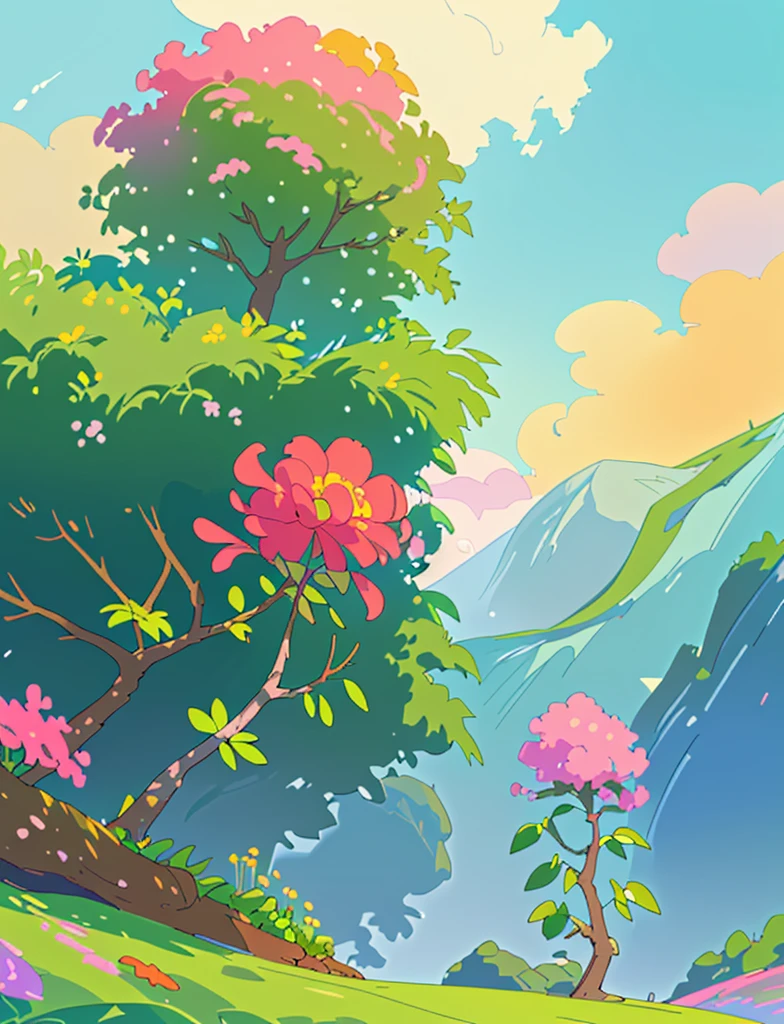 colorful tranquil landscape with plants and nature with colorful flowers beautiful sky and lots of details
