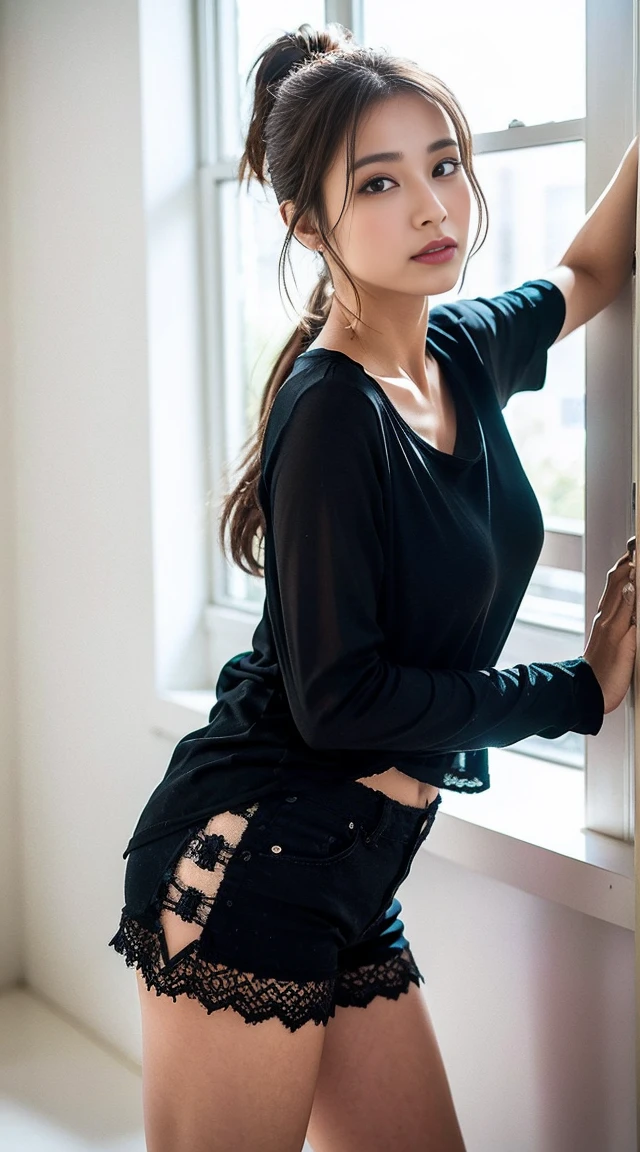 Dark brown hair、Light brown eyes、Japanese actress、 Lady、I am about 40 years old......、(Intricate details:1.2)、 (Ultra-high resolution:1.2)、Ultra-high resolution、(Finely tuned)、(Detailed facial features)、Hmph、8K resolution、D cup size breasts、Long Hair、Bright terrace room with sunlight streaming in、Large windows、Extravagant space、relax、、,Full body photo、Head to toe shot、Beautiful legs、black Loose fit openwork T-shirt、Underwear shorts、Beautiful legs、Bright terrace room with sunlight streaming in、she, household items, (plant:0.8), Fashion Hub, Very detailed, Very detailed, Realistic, Hourglass Shaped Body, Obscene pose,、Messy Hair、Messy ponytail、Leaning against a wall、I cry a lot、tears、Skin is visible through the knit、White floor、White wall、A masterpiece of transparent painting、