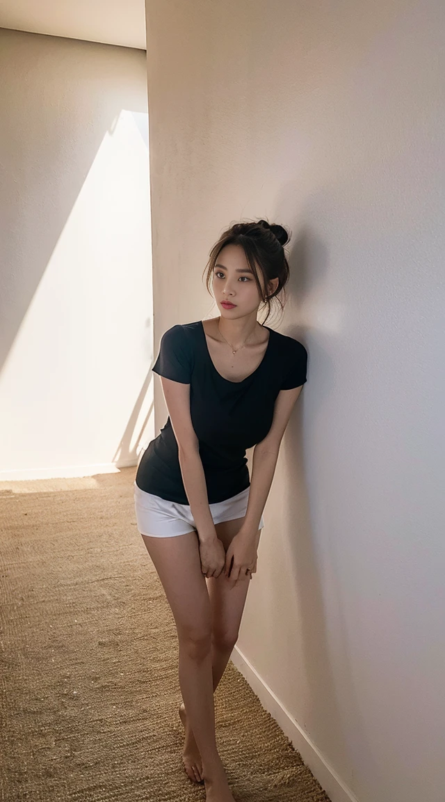Dark brown hair、Light brown eyes、Japanese actress、 Lady、I am about 40 years old......、(Intricate details:1.2)、 (Ultra-high resolution:1.2)、Ultra-high resolution、(Finely tuned)、(Detailed facial features)、Hmph、8K resolution、D cup size breasts、Long Hair、Bright terrace room with sunlight streaming in、Large windows、Extravagant space、relax、、,Full body photo、Head to toe shot、Beautiful legs、black Loose fit openwork T-shirt、Underwear shorts、Beautiful legs、Bright terrace room with sunlight streaming in、she, household items, (plant:0.8), Fashion Hub, Very detailed, Very detailed, Realistic, Hourglass Shaped Body, Obscene pose,、Messy Hair、Messy ponytail、Leaning against a wall、I cry a lot、tears、Skin is visible through the knit、White floor、White wall、A masterpiece of transparent painting、