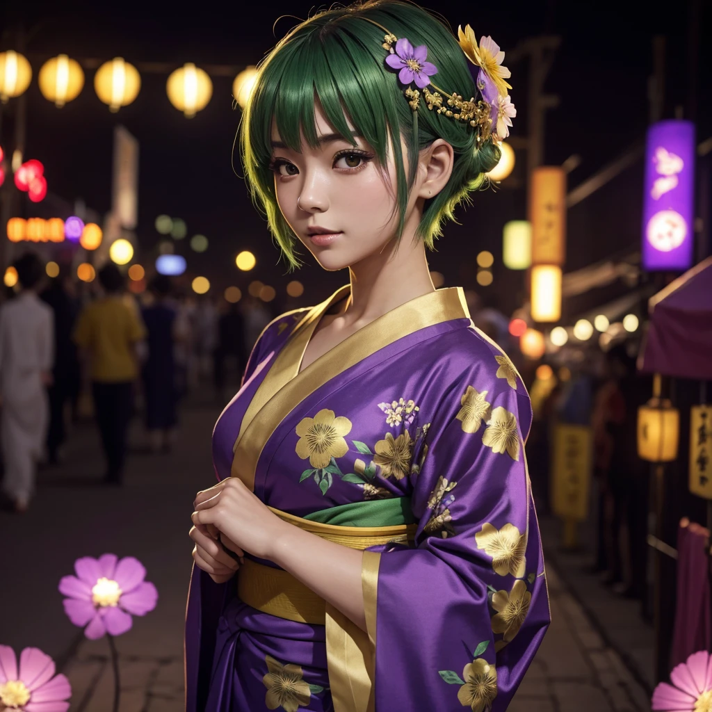 a girl with short hair, green hair, a flower in her hair, dressed in a violet yukata and gold details, Japanese night festival background, festival lights, cinematic lighting, high definition.