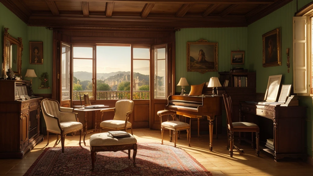 Classical Composer's Room, Europe, 19th century, (Photorealistic: 1.4), Highest quality, masterpiece, Ultra-detailed, Natural soft light, evening