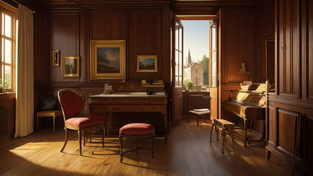 Classical Composer's Room, Europe, 19th century, (Photorealistic: 1.4), Highest quality, masterpiece, Ultra-detailed, Natural soft light, evening