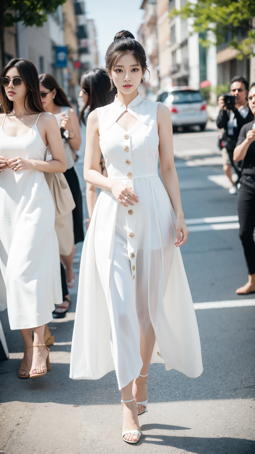 mulher coreana muito linda, rosto perfeito, cabelo bem curto cacheado loira, she is walking on a fashion catwalk in an elegant all-white designer dress with pearl buttons, usa brincos, she is being photographed