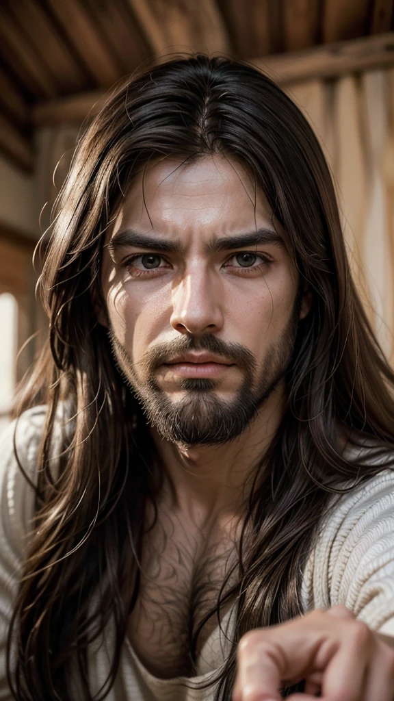  "Create an image of a man similar in appearance to classic depictions of Jesus Christ, with long hair, barba, and a serious expression. It must be pointing directly at the camera. Use natural and soft tones, focusing on the face and pointing hand to create a deep emotional impact.