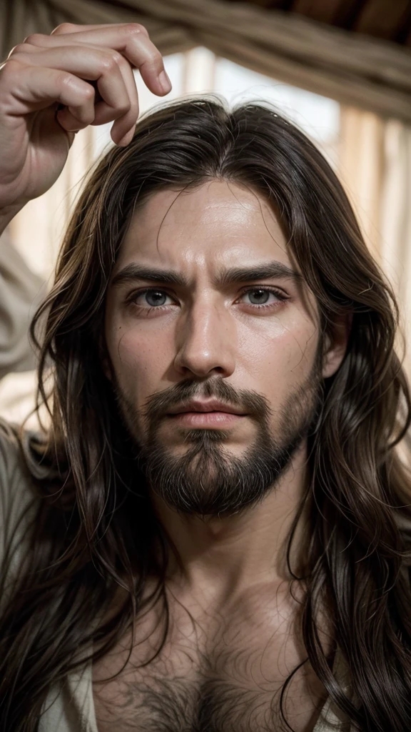  "Create an image of a man similar in appearance to classic depictions of Jesus Christ, with long hair, barba, and a serious expression. It must be pointing directly at the camera. Use natural and soft tones, focusing on the face and pointing hand to create a deep emotional impact.