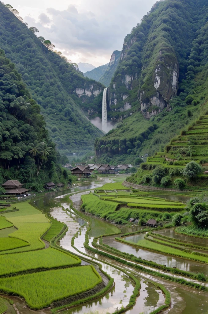 A village in Indonesia with mountains, river, waterfall, and expanse of rice fields
