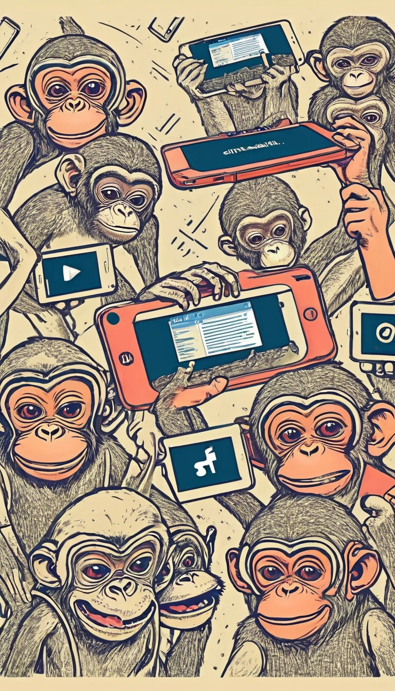 Create an illustration depicting a group of monkeys and aliens in conflict using social media. Draw a group of monkeys and aliens with smartphones, tablets, and smart phones typing furiously and posting negative comments. Some of the monkeys should have angry or malicious expressions, while some of the aliens should be laughing or having fun. The background should be a chaotic mix of digital screens displaying harmful messages and symbols of social media platforms. The overall atmosphere should convey the destructive and overwhelming nature of online harassment.