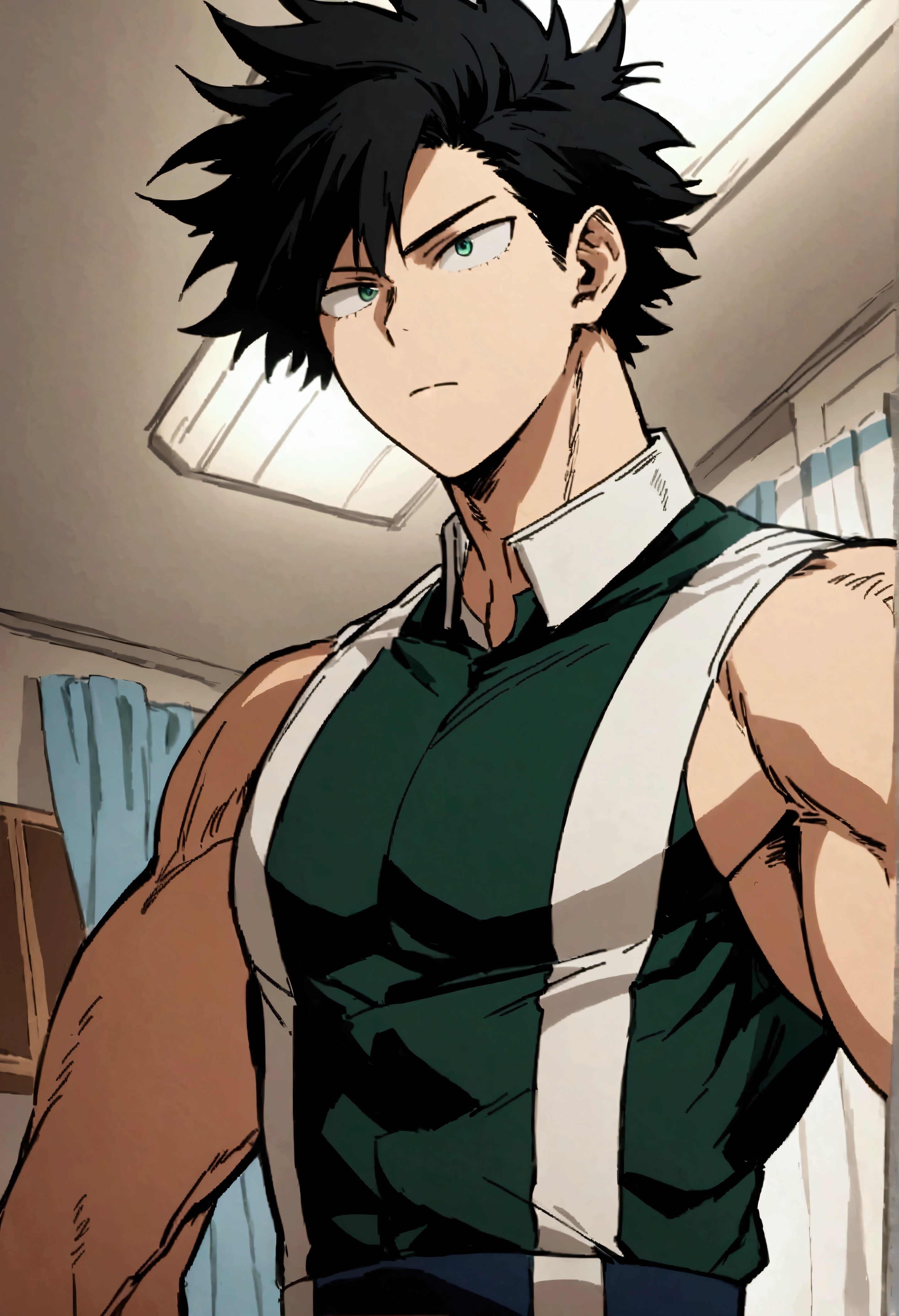 He is a 17 year old teenager, He has slightly disheveled very black hair..., somewhat light green eyes, muscular body , in the dorm, He is dressed the anime uniform "my hero academia"