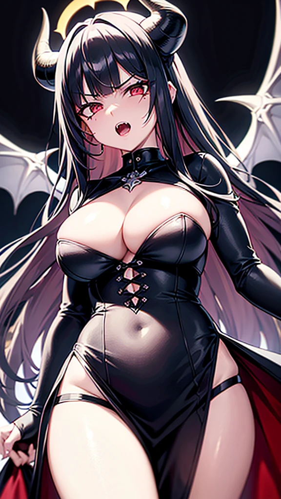 masterpiece, high quality, 4K, HDR, gothic fantasy setting, sharp black horns on the head, a black halo above the head, a woman, grumpy, looking at viewer, open mouth with jagged sharp fangs, intake hairstyle, long hair, blunt cut, blunt bangs, silver hair, red eyes, odd eyes, jitome, pale skin, toned body, medium breasts, beauty mark, with devil wings on back, adult, hard-edged, cowboy shot, from front, front view, from below, low angle shot, moonlight