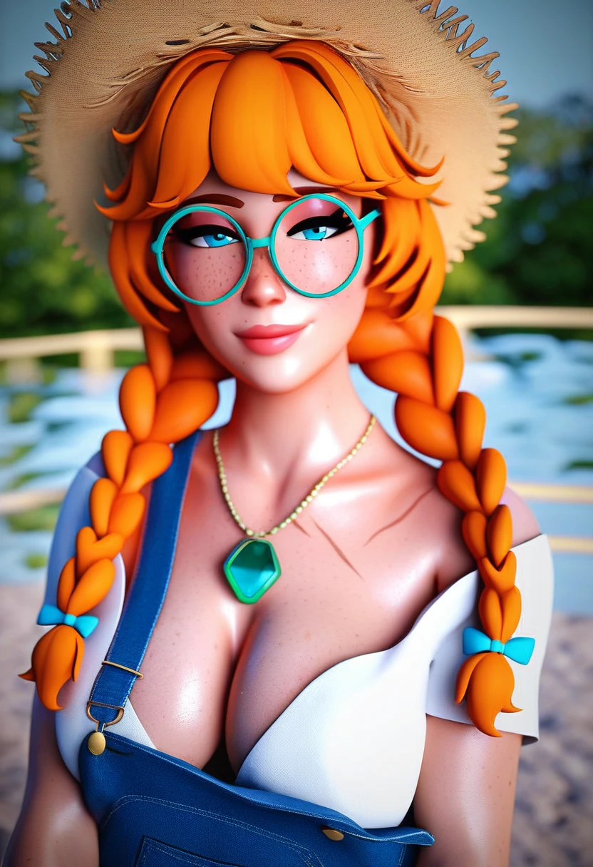 3d, 3d render, vtuber, solo, human, farm woman, mature looking female, solo, blue eyes, cleavage, straw hat, long twin braids, orange hair, bronze round glasses, small thin silver necklace with a turquoise stone, overalls, suspenders, yellow frilly shirt, ((freckled skin, lots of freckles on breasts)), large breasts, ((small scars on body, acne scarred skin)), multiple emotes