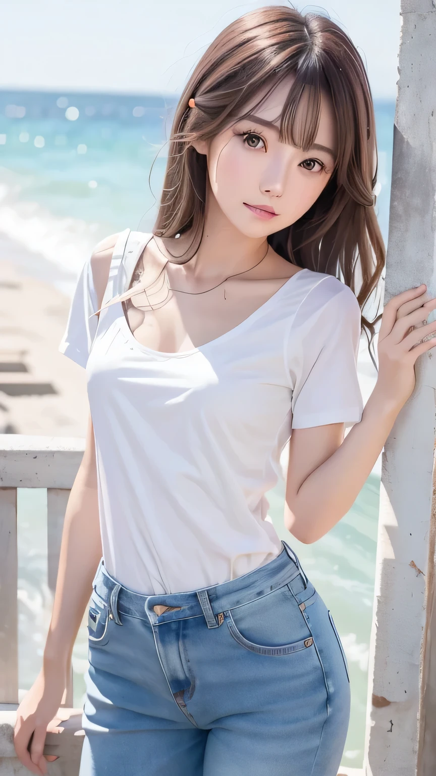 highest quality、Realistic、female、zoom、Gray Eyes、Short wavy chestnut hair、White blouse、Denim pants、slender、Flat Chest、Dark Skin、Ocean、Bust Shot、