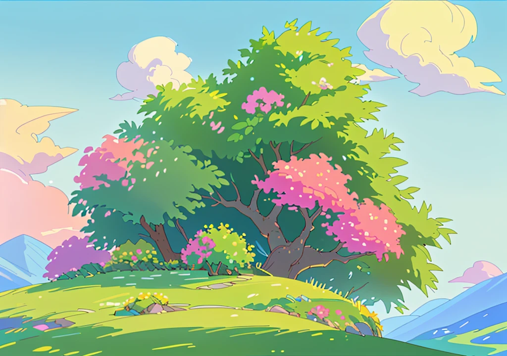 colorful tranquil landscape with plants and nature with colorful flowers beautiful sky and lots of details
