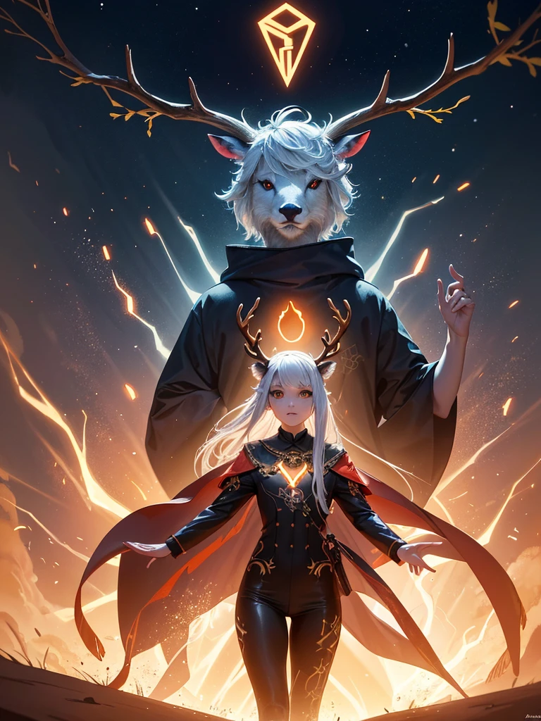 a close up of a deer with a glowing antelope on its head, with glowing runes on the body, by Adam Marczyński, digital art animal photo, an anthropomorphic deer, anthropomorphic deer, scientific depiction, cover shot, by Aleksander Kobzdej, by Anna Füssli, by david rubín