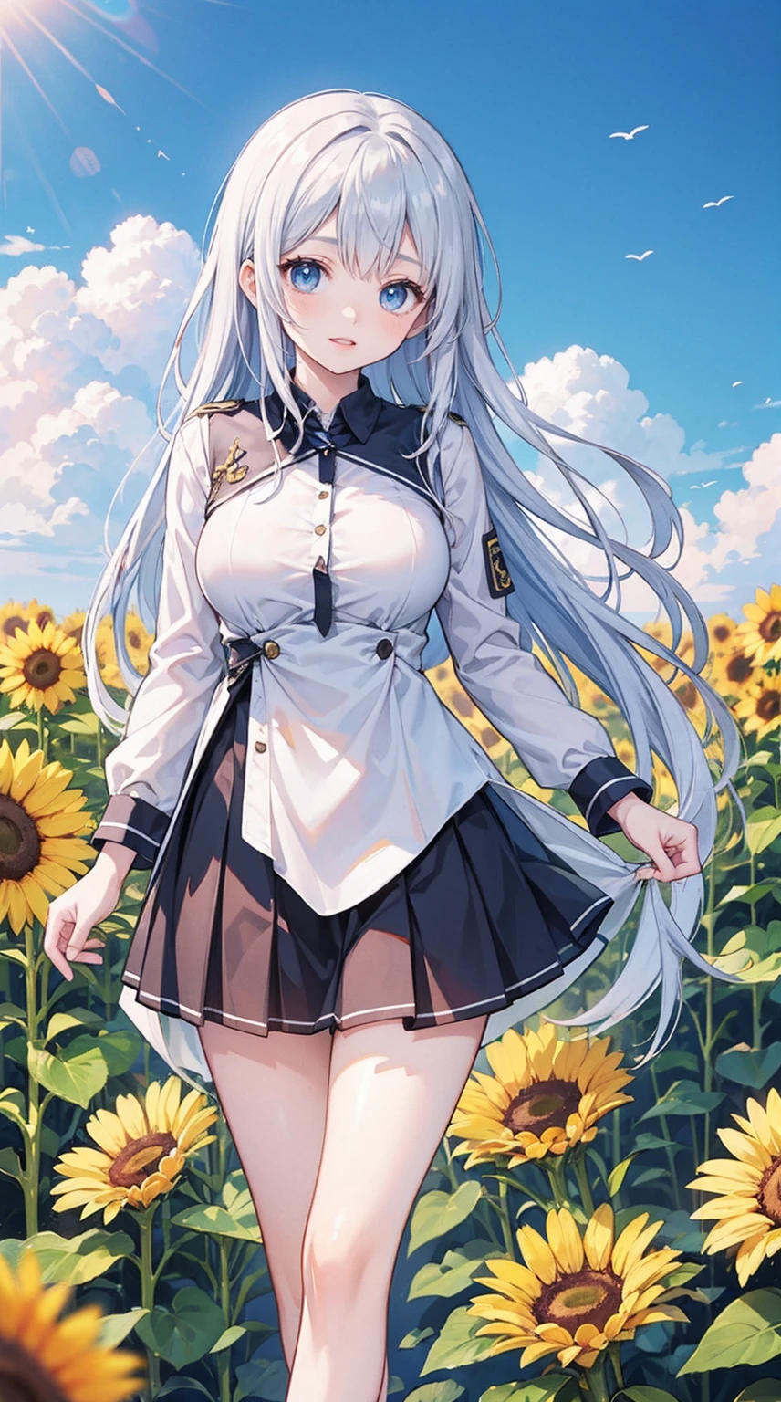 Create an anime-style illustration of a 17-year-old girl named Shizuka. She has long, straight, blue hair with bangs cut straight across her forehead. She has large, almond-shaped silver-blue eyes and porcelain-like white skin. Shizuka often wears glasses.Super big breasts、(Highest quality:1.4), (super high quality), (Very detailedな), 1 beautiful girl, So cute, (Very large breasts:1.1), (Slender body:1.1), (thin and delicate legs), Real skin texture, (Drop your bangs to the side), Bright and shiny lips, Advent of the Beautiful Goddess, Beautiful background, Golden Ratio, Conceptual Art, Very detailed, Accurate, Advanced Details,, Sexy Art, In nature、Ultra-detailed illustration details, 8K wallpapers incorporating highly detailed CG, , (Nipple protrusions push up the uniform),A simple tight white T-shirt、Pleated tanding in front of a beautiful sunflower field、smile、Summer sky