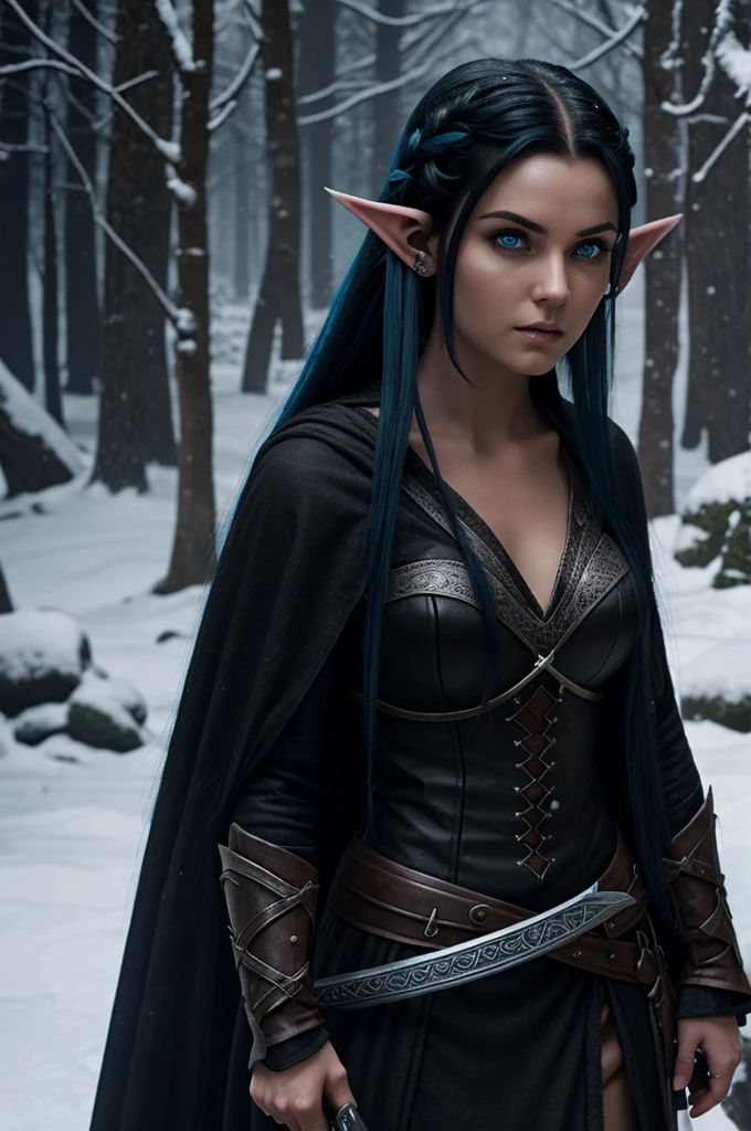 I want a short elven woman with short pointed ears, with long black hair with blue tips on the ends. She wears black with a sword. Her eyes are violet. Walking in from the shadows in snow
