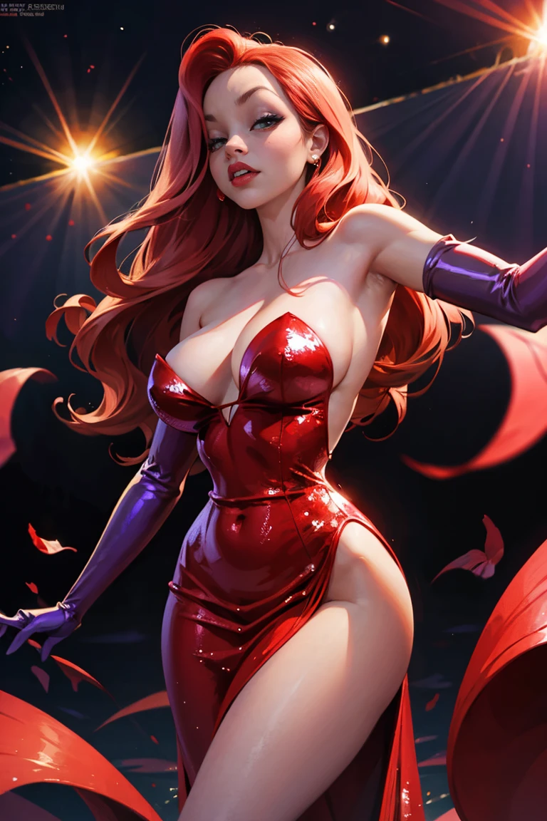 Jessica Rabbit in a big red dress, high-cut, long purple elbow length gloves