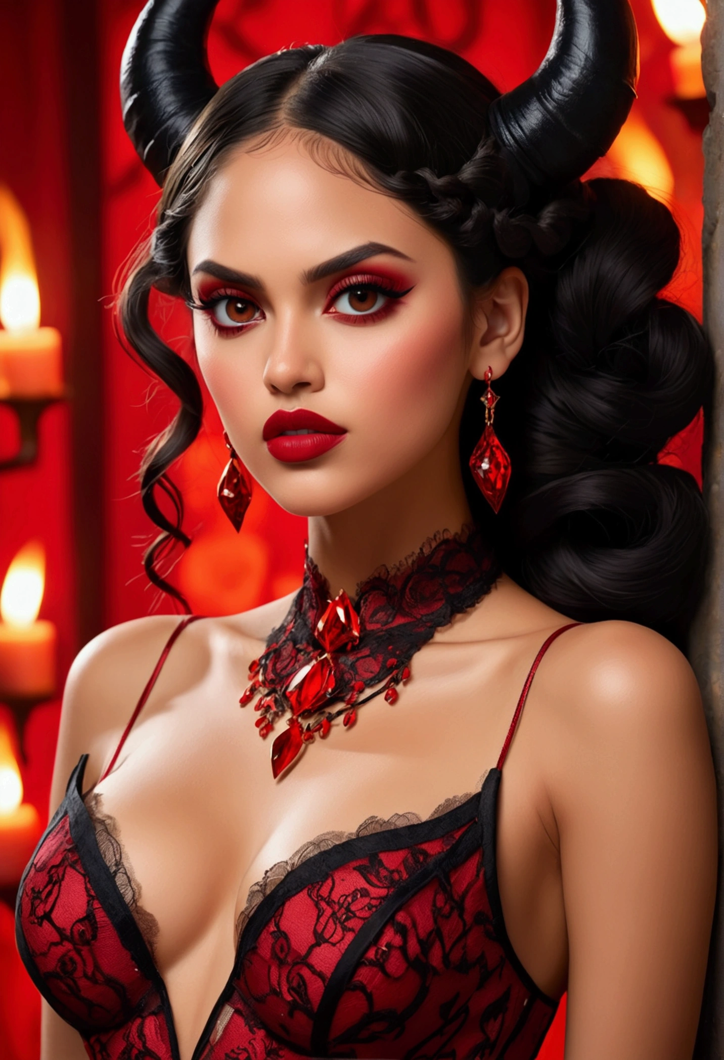 Full body shot Eiza Gonzalez devil, ringlets wavy five feet long black hair, updo hairstyle with ponytail on one side and long hairpins holding the bun long braid, strong thighs, dark red glossy lips, heavy red eye shadow long red eyeliner, long sharp claws, red lace beautiful and creative devil bodysuit, huge cleavage, devil horns, no earrings, no earrings, no earrings, no jewels, beautiful forehead lace ornament, posing in a feminine devil hell, happy expression, red ambience night time fire lights. No faces on her chest!
