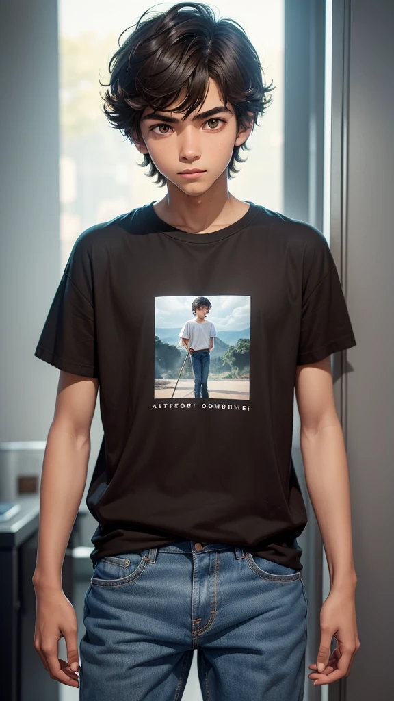 1 boy 19 years old, black hair, black mid length hair, shaggy hair style, shoulder-length hair, bespectacled, hair over one eye, eyes closed, black t-shirt, black pants that reach to the knee, sitting and using the computer, burst out laughing, laughed loudly, laugh out loud, sit down on the chair, from the front, there was a lot of trash around him, darkroom, the furniture in the room is messy, plastic cans all over the floor, trash around the room, extremely detailed, best graphics, 8k, ultrasharp, masterpiece