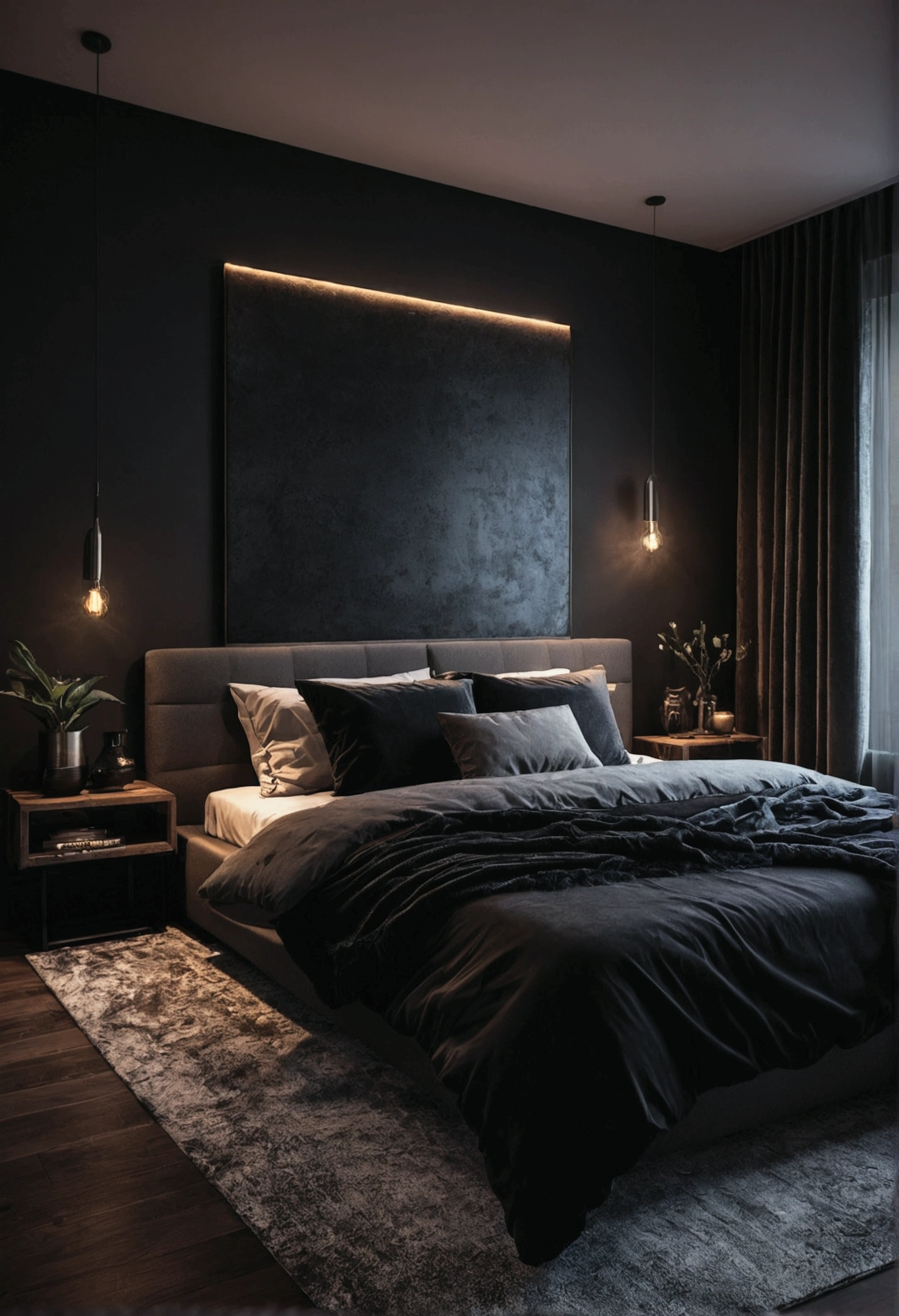 Cozy dark themed modern bedroom