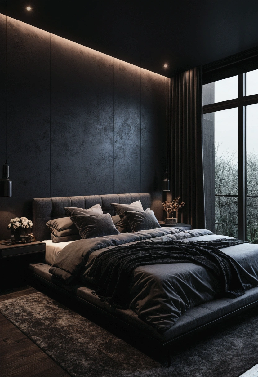 Cozy dark themed modern bedroom