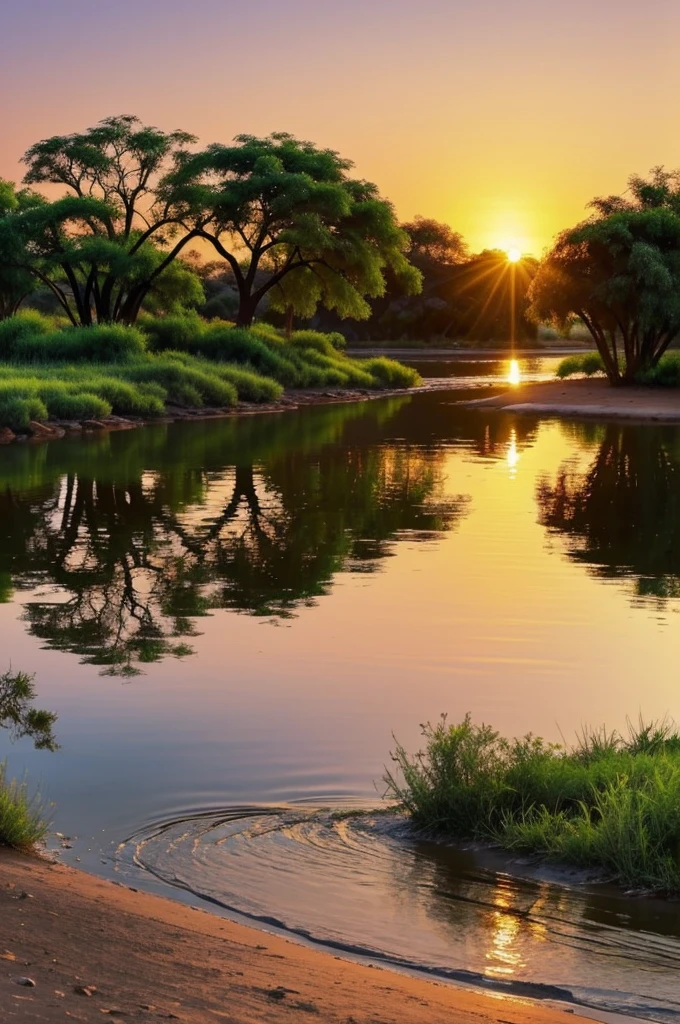 Create an image to make a painting that has the bank of a river, near the shore an acacia tree, that the leaves of the tree float in the water and in the background a sunset. I want this to be a little cartoony.
