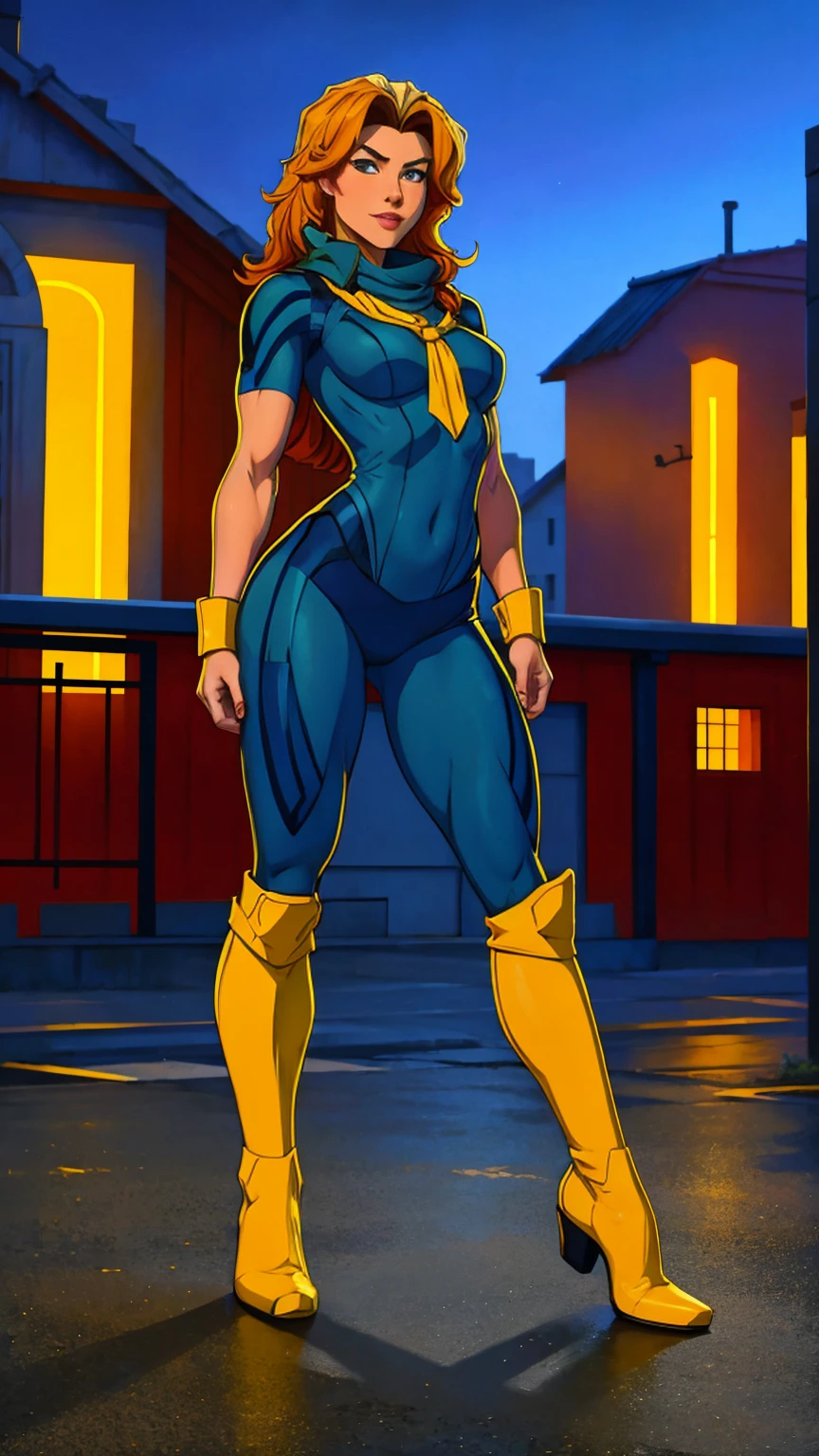((Full body photo, standing, feet on the ground)) (best quality, 4k, 8k, high resolution, cyclist body, masterpiece: 1,2), ultra-detailed, (realistic, photorealistic, photorealistic: 1, 37), full body photo, Rogue, X-Men, yellow high boots, beauty pose, standing, show feet, outside, city roof at night, green bandana
