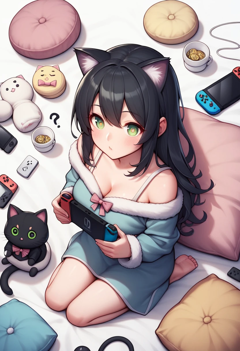 punctuation_9, punctuation_8_High above, punctuation_7_High above, punctuation_6_High above, punctuation_5_High above, punctuation_4_High above, 1girl, Nerd,Bblack hair, shorth hair, a cartoon image of a woman(dressed as a black cat)with a big chest, sitting on the cushion (blue in color), white scenario, with Nintendo switch in hand, fluffy chest, in pajamas(dressed as a black cat), anime cel shaded, Covered breasts and SFW, wearing pajamas(sitting on the cushion (blue in color), with a Nintendo Switch in hand), Kantai Collection Style, anime moe art style, white_mitts, seductive anime girl((dressed as a black cat)), brincando with a Nintendo Switch in hand, playing on it(spiral eye)White background,Sitting on a cushion(large pillow is a black stuffed cat).