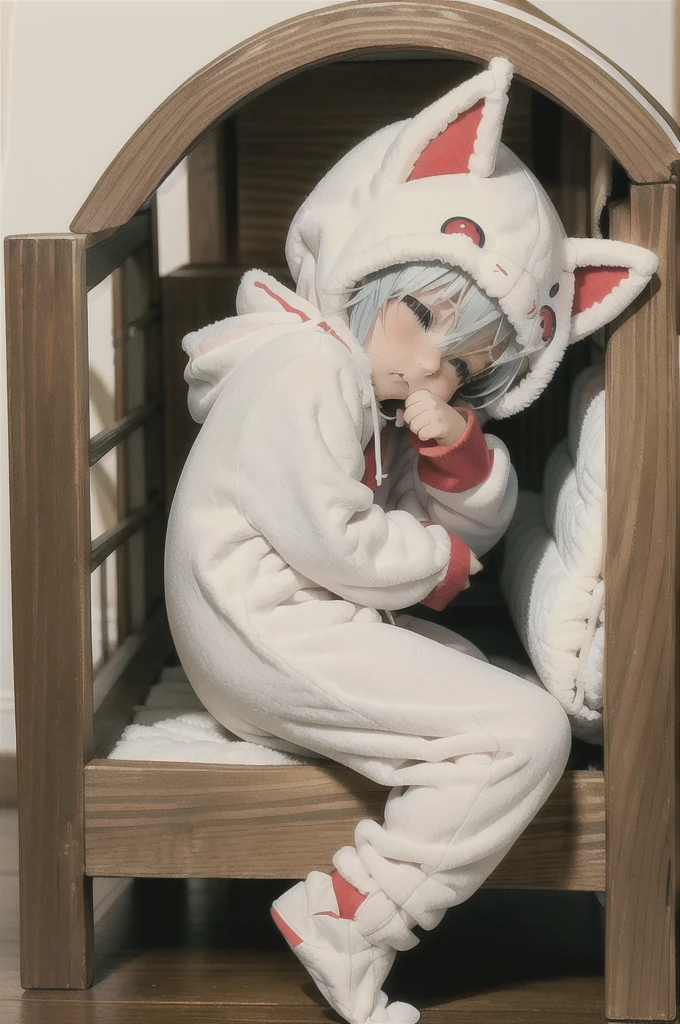 An anime image of a boy with white hair sleeping in a large nursery room, (wearing fox hoodie-footie pjs), (((wearing a diaper))), ((sleeping soundly inside a wooden crib)), (crib), pacifier, peaceful expression, soft lighting, solo, ((1boy)), warm colors, highly detailed, extremely detailed, masterpiece, anime style, beautiful detailed eyes, soft bedding, plush fox hoodie, adorable, comfort, cozy, restful, hood up,
