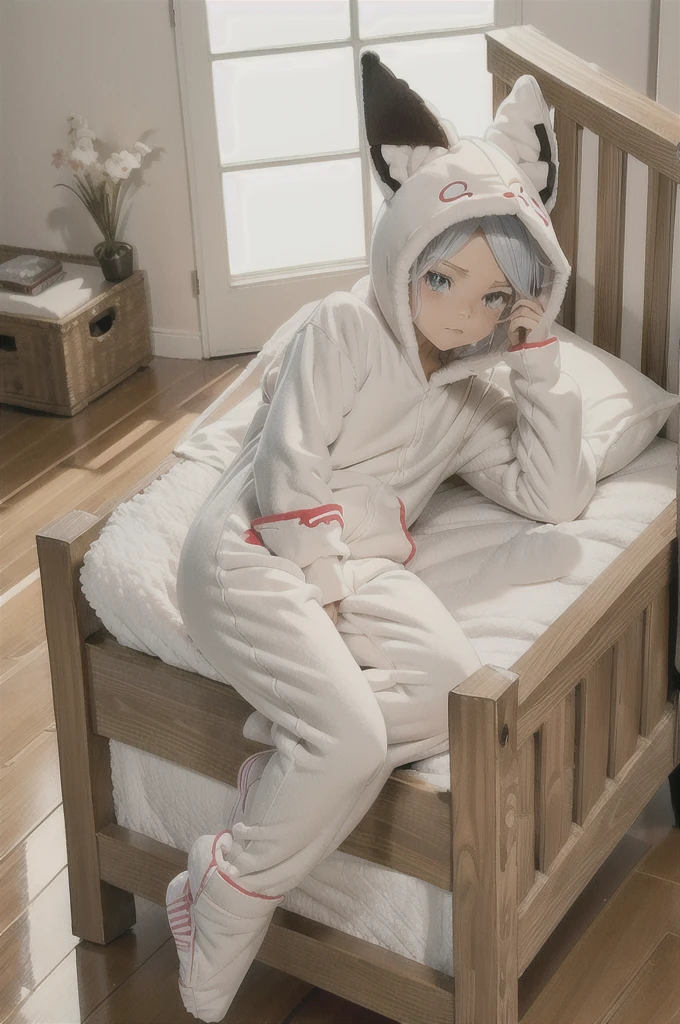 An anime image of a small boy with white hair sleeping in a large nursery room, (wearing fox hoodie-footie pjs), (((wearing a diaper))), ((sleeping soundly inside a wooden crib)), (crib), pacifier, peaceful expression, soft lighting, solo, ((1boy)), warm colors, highly detailed, extremely detailed, masterpiece, anime style, beautiful detailed eyes, soft bedding, plush fox hoodie, adorable, comfort, cozy, restful, hood up,
