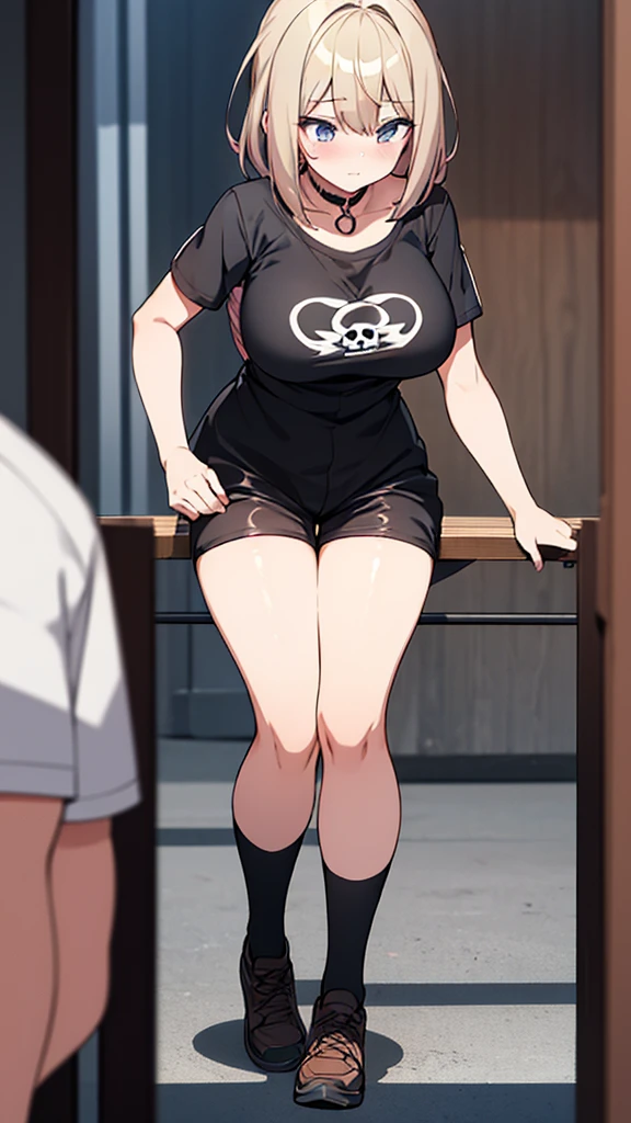 Full body image, front, One girl, 18-year-old, Mix 4, (32K, RAW Photos, Highest quality, masterpiece:1.2), (Anime-like, photoAnime-like:1.37), cute, Short sleeve T-shirt,Shorts,Black knee socks, night, rain, Humidity, Professional Lighting, Photon Mapping, Radio City, Physically Based Rendering, Super Resolution, (Big Breasts:1.2), {{The biological weapon that had preyed on the younger sister took her place and reunited with the older brother.}}, Girl Skull, whole body, NSFW