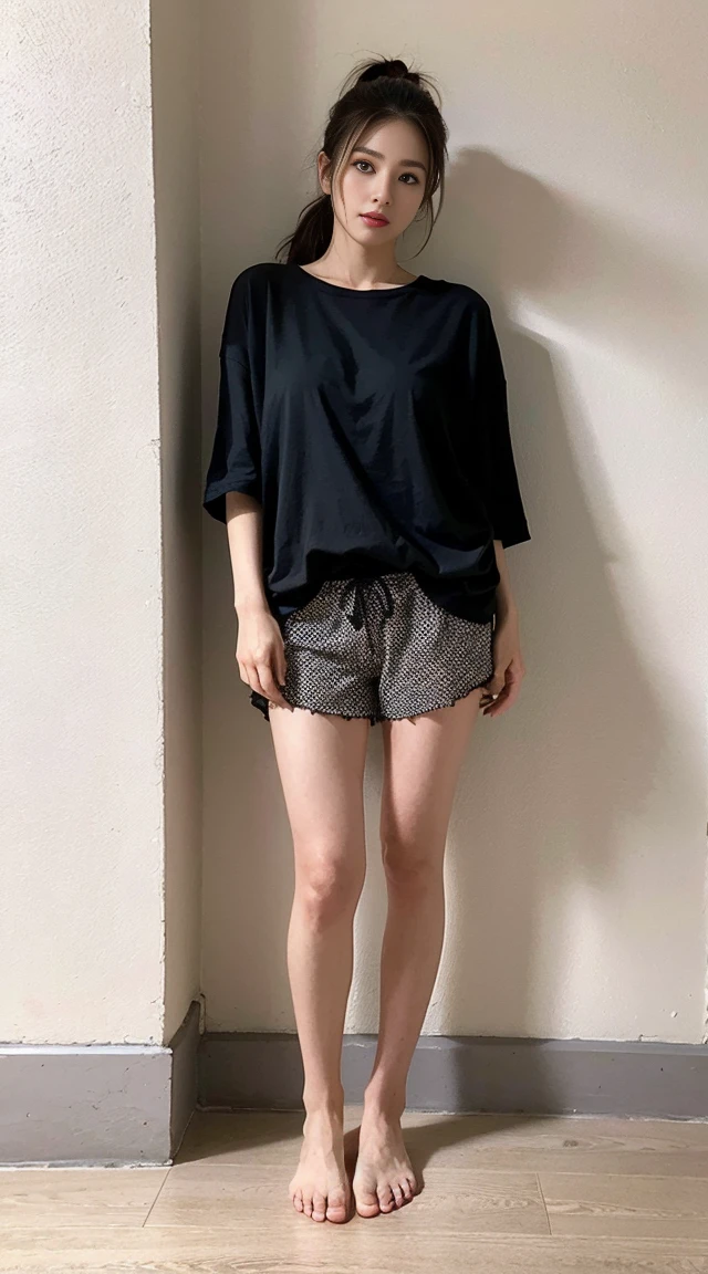 Dark brown hair、Light brown eyes、Japanese actress、 Lady、I am about 40 years old.......、(Intricate details:1.2)、 (Ultra-high resolution:1.2)、Ultra-high resolution、(Finely tuned)、(Detailed facial features)、Hmph、8K resolution、D cup size breasts、Long Hair、Bright terrace room with sunlight streaming in、Large windows、Extravagant space、relax、、,Full body photo、Head to toe shot、Beautiful feet、black　Loose fit openwork T-shirt、Underwear shorts、Beautiful feet、Bright terrace room with sunlight streaming in、she, household items,   (plant:0.8), Fashion Hub, Very detailed, Very detailed, Realistic, Hourglass Shaped Body, Obscene pose,、Messy Hair、Messy ponytail、Leaning against a wall、I cry a lot、tears、Skin is visible through the knit、White floor、White wall、A masterpiece of transparent painting、