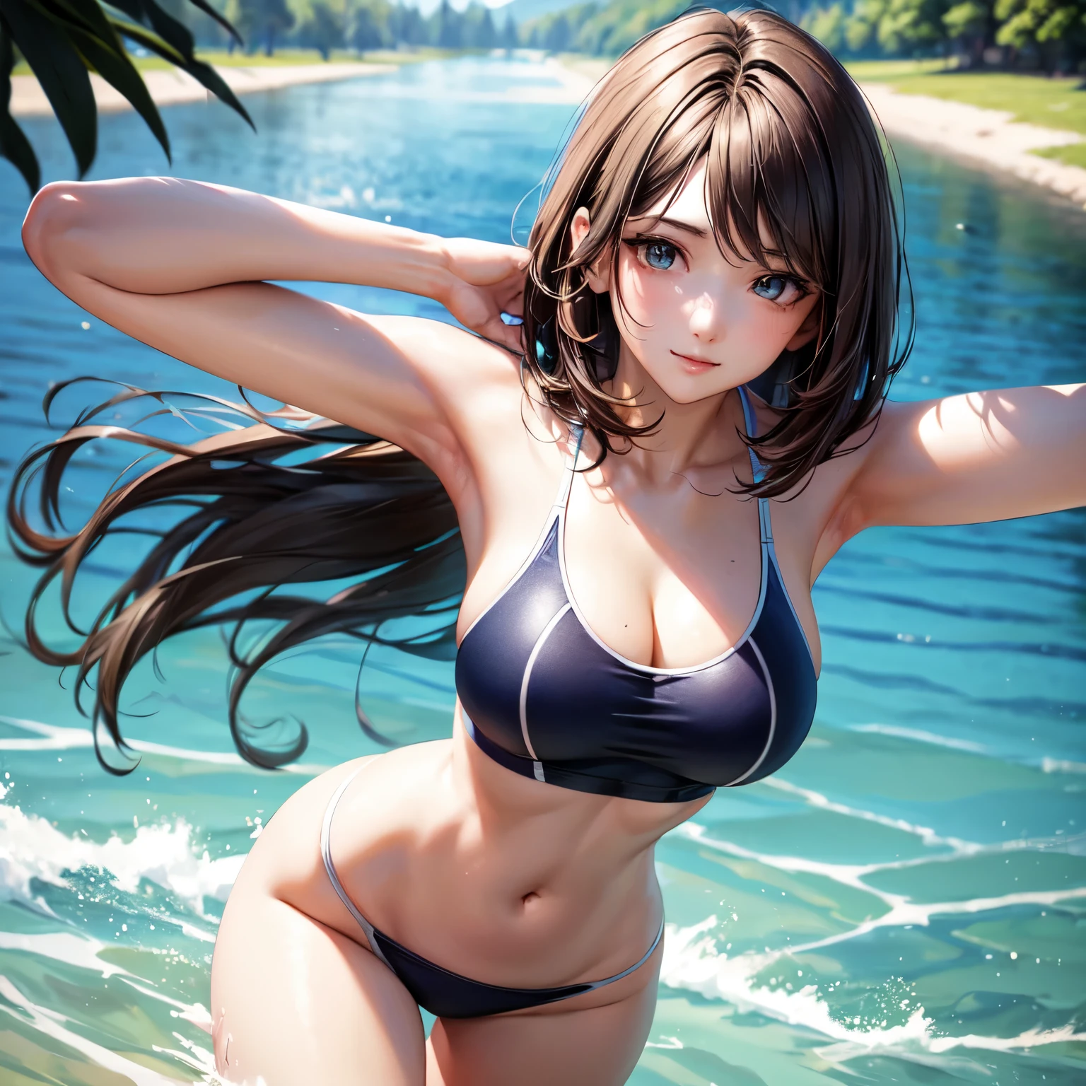 (4K,masterpiece,best quality,ultra detailed),(dynamic angle),(daylight,bloom),female,shallow sq
uatting,splead legs,(27-years-old,age),(medium hair,bob hair,straight hair,dark brown hair),(beautiful detailed face,beautiful detailed eyes,finely detailed skin,beautiful breast,beautiful hip,fair skin),light smile,(fitness swimsuits),on the beautiful lake side,